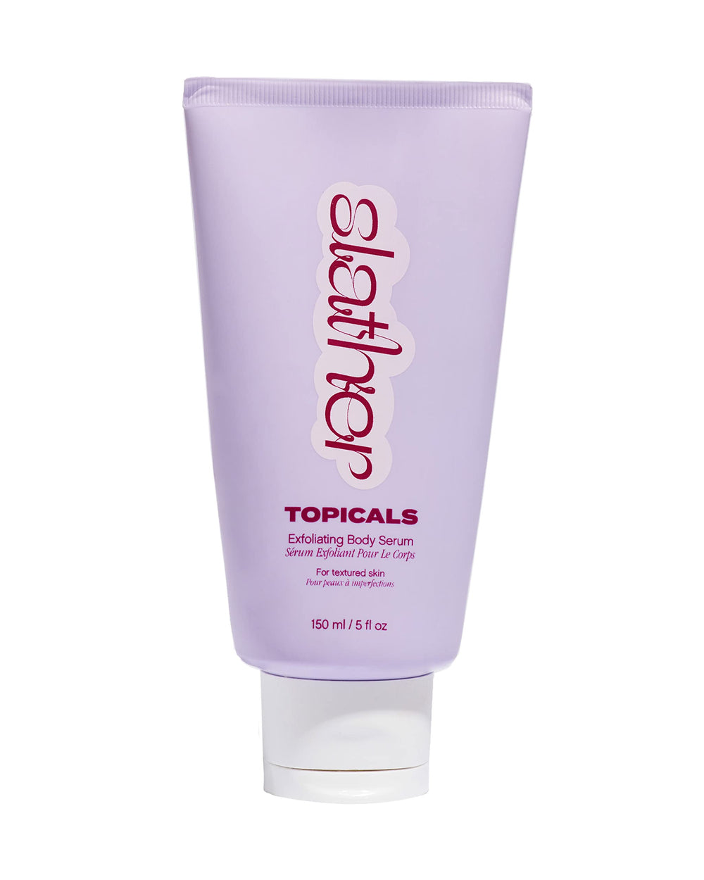 Topicals Slather exfoliating body serum bottle showcasing milky texture for smooth skin.