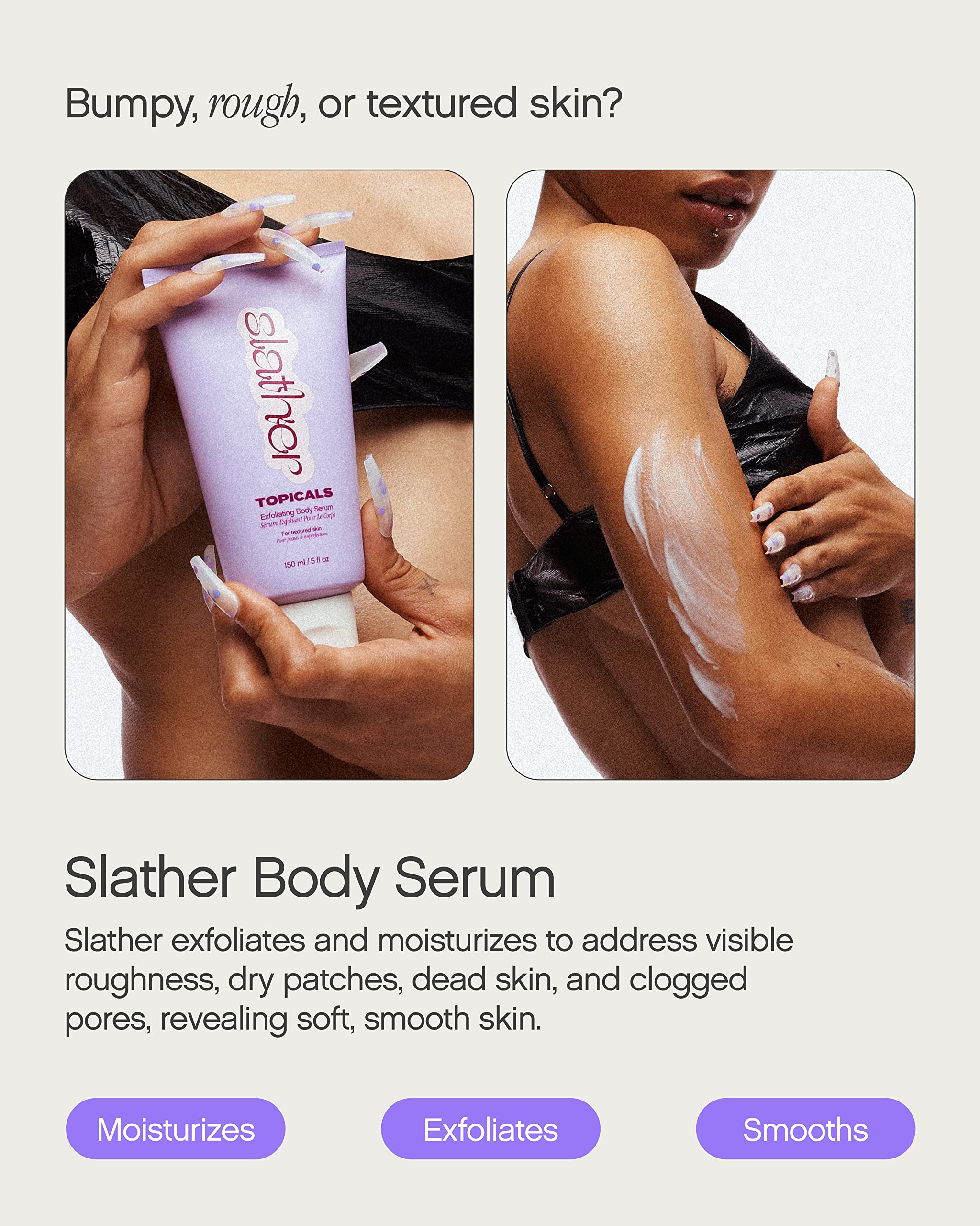 Topicals Slather ingredients label featuring retinol, AHAs, squalane, and urea.