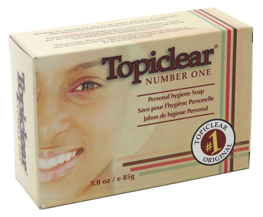 Topiclear Number One Soap bar close-up showing compact 3 oz size for daily cleansing