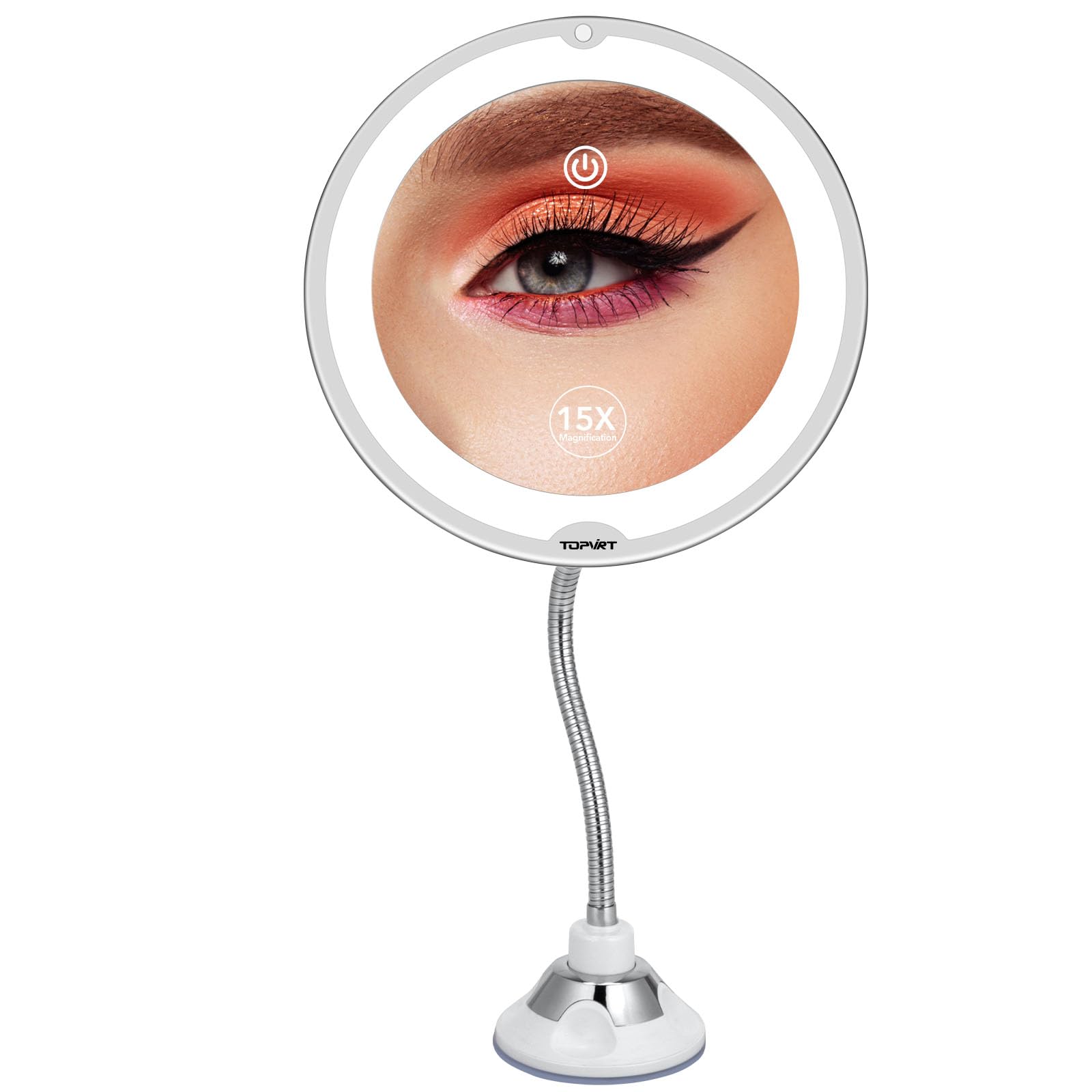 TopVIRT flexible 15x magnifying mirror with suction cup for precise makeup.