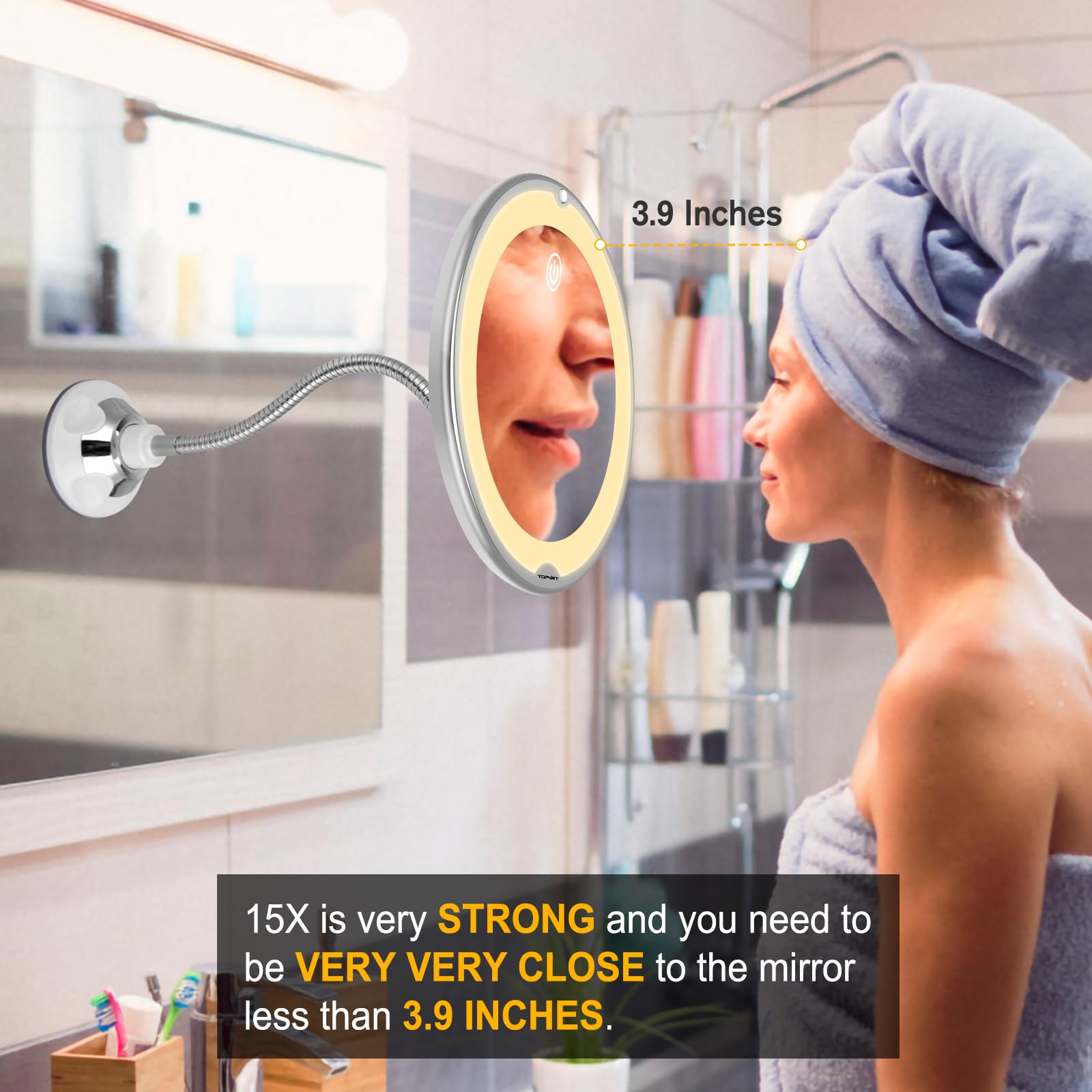 TopVIRT portable LED mirror suitable for home bathrooms.