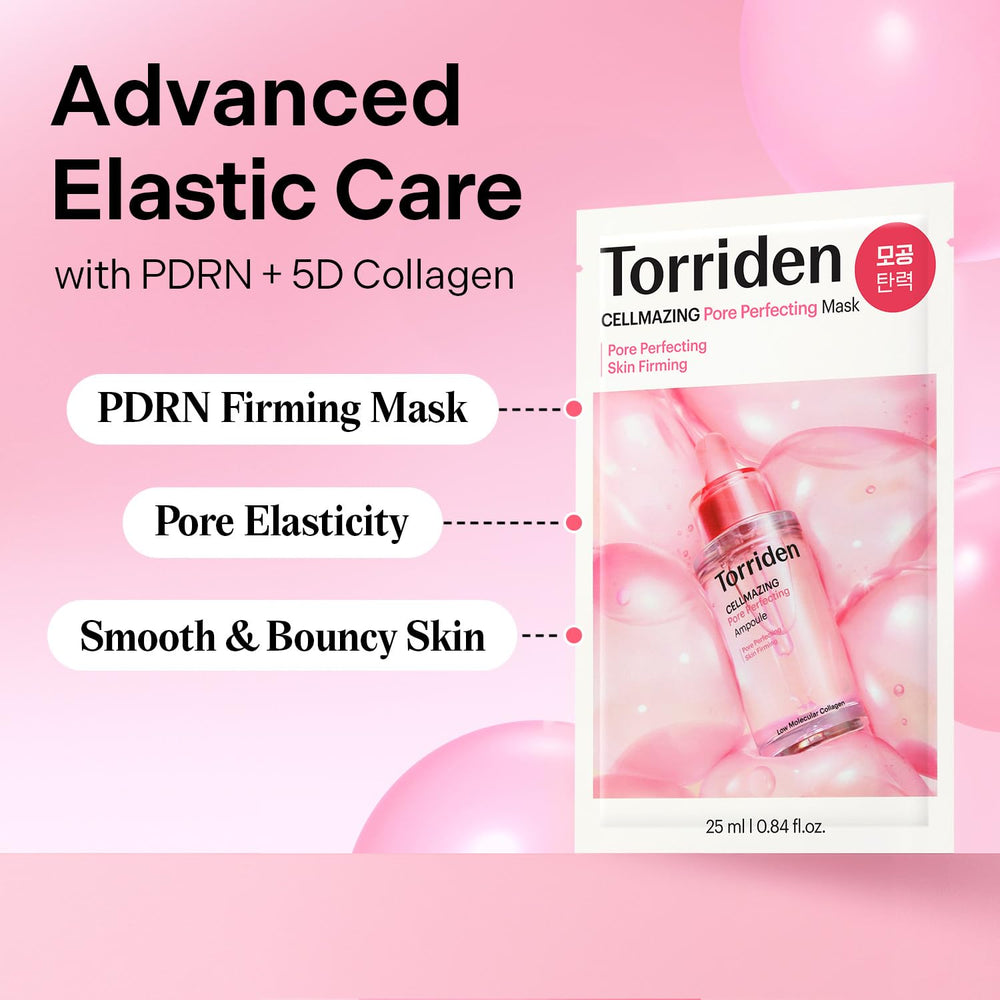 Torriden Cellmazing 5D collagen complex visual highlighting multi-size molecules for tight pores