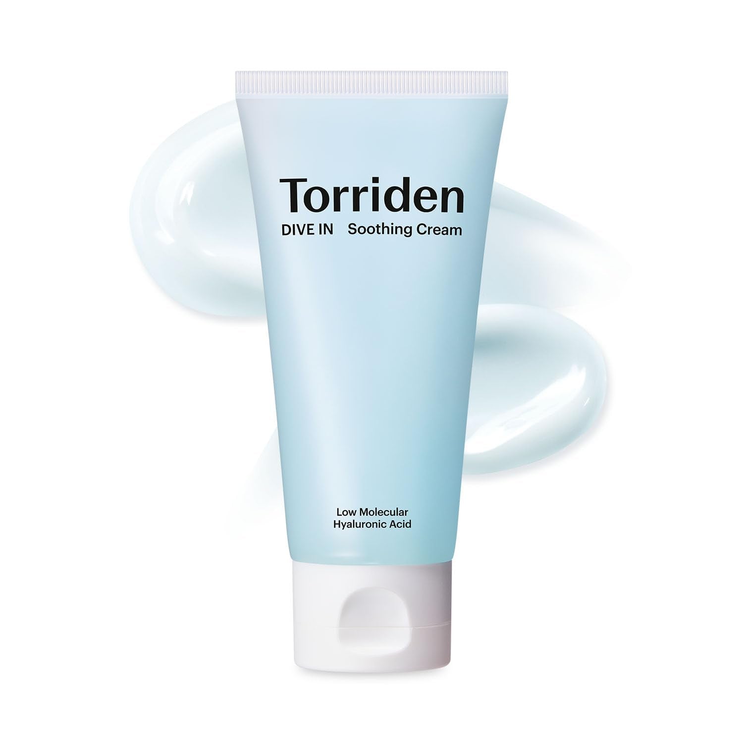 Torriden Dive In hyaluronic acid soothing cream tube on display, hydrating skin deeply.