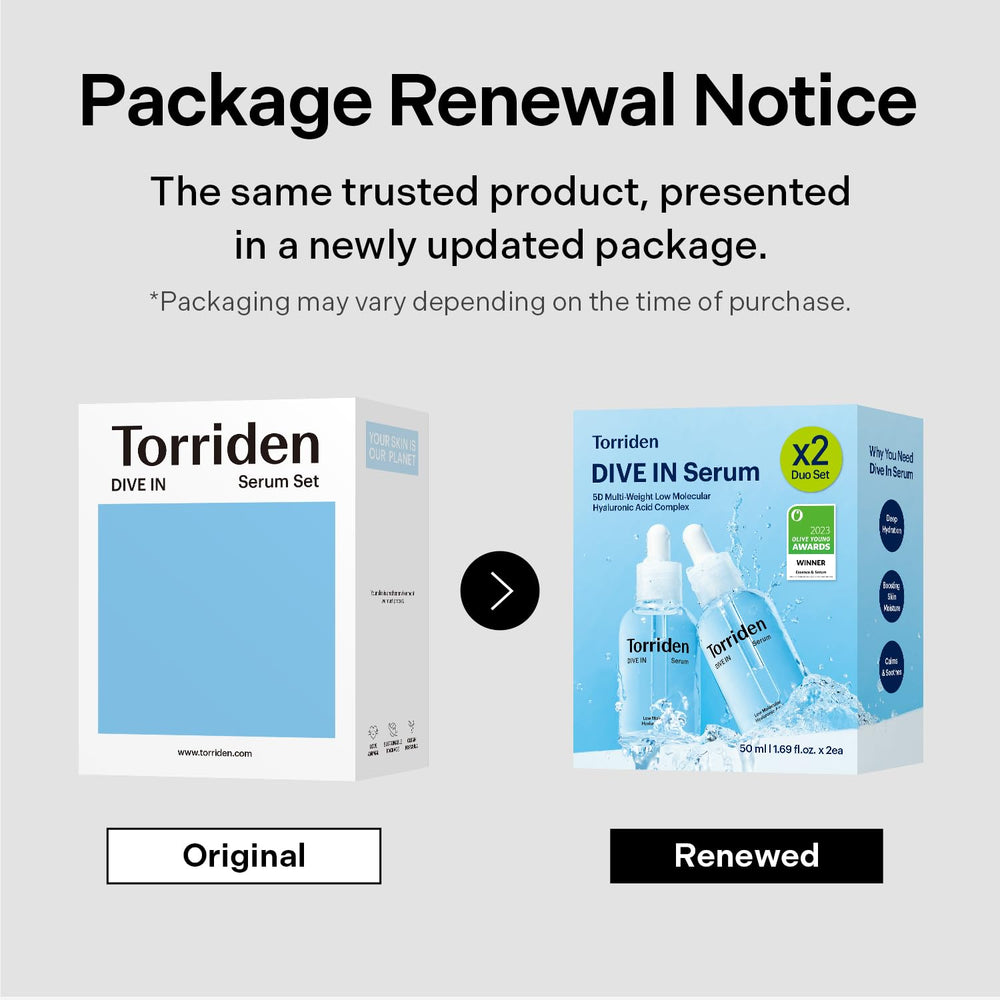 Torriden DIVE IN vegan clean beauty badge on packaging.