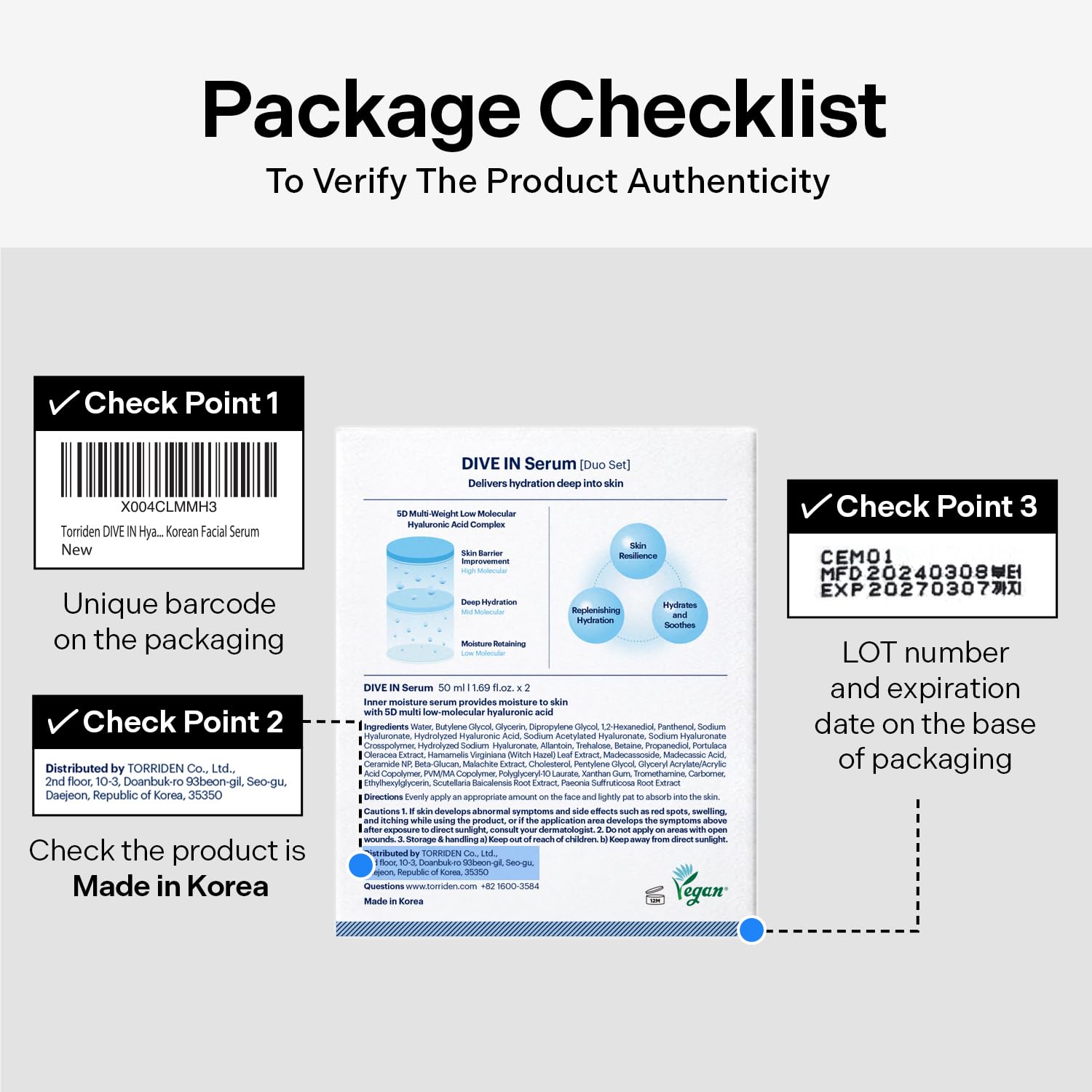 Torriden DIVE IN packaging back notes hypoallergenic ingredients.