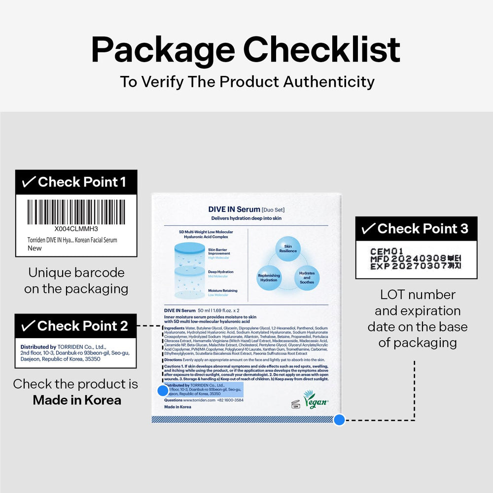 Torriden DIVE IN packaging back notes hypoallergenic ingredients.
