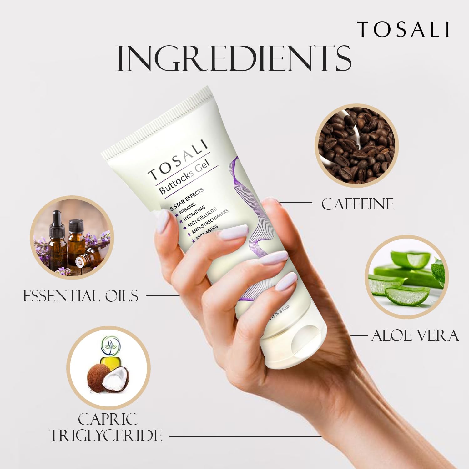 Tosali Buttocks Firming Gel application on skin showing smooth texture