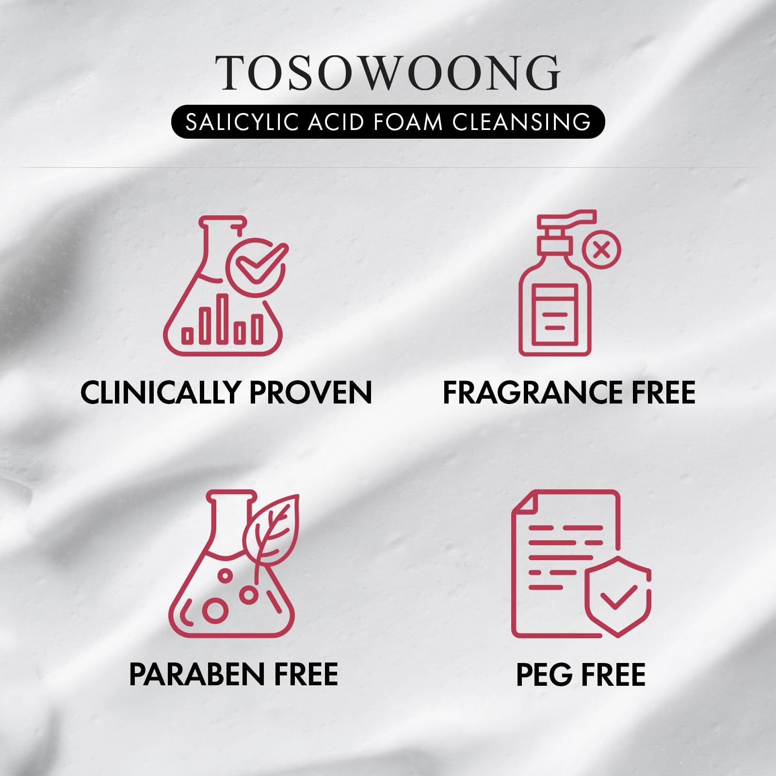 TOSOWOONG Salicylic Acid Foam Cleanser pore-closeup image highlights clear pores