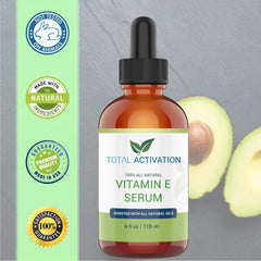 Close-up of Total Activation Vitamin E Serum bottle label with ingredients