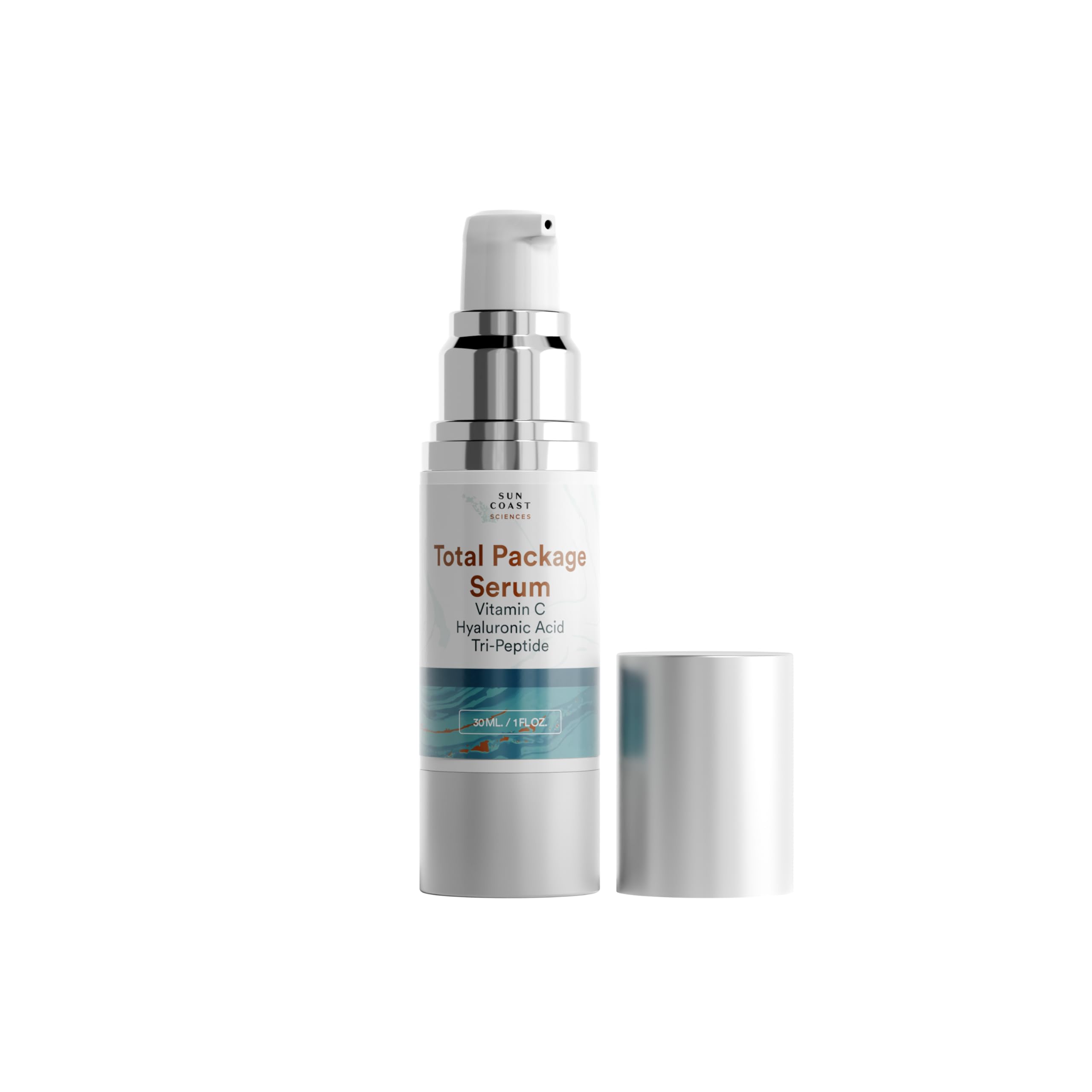 TOTAL PACKAGE SERUM vitamin C serum bottle, lightweight and fast absorbing for all skin types.