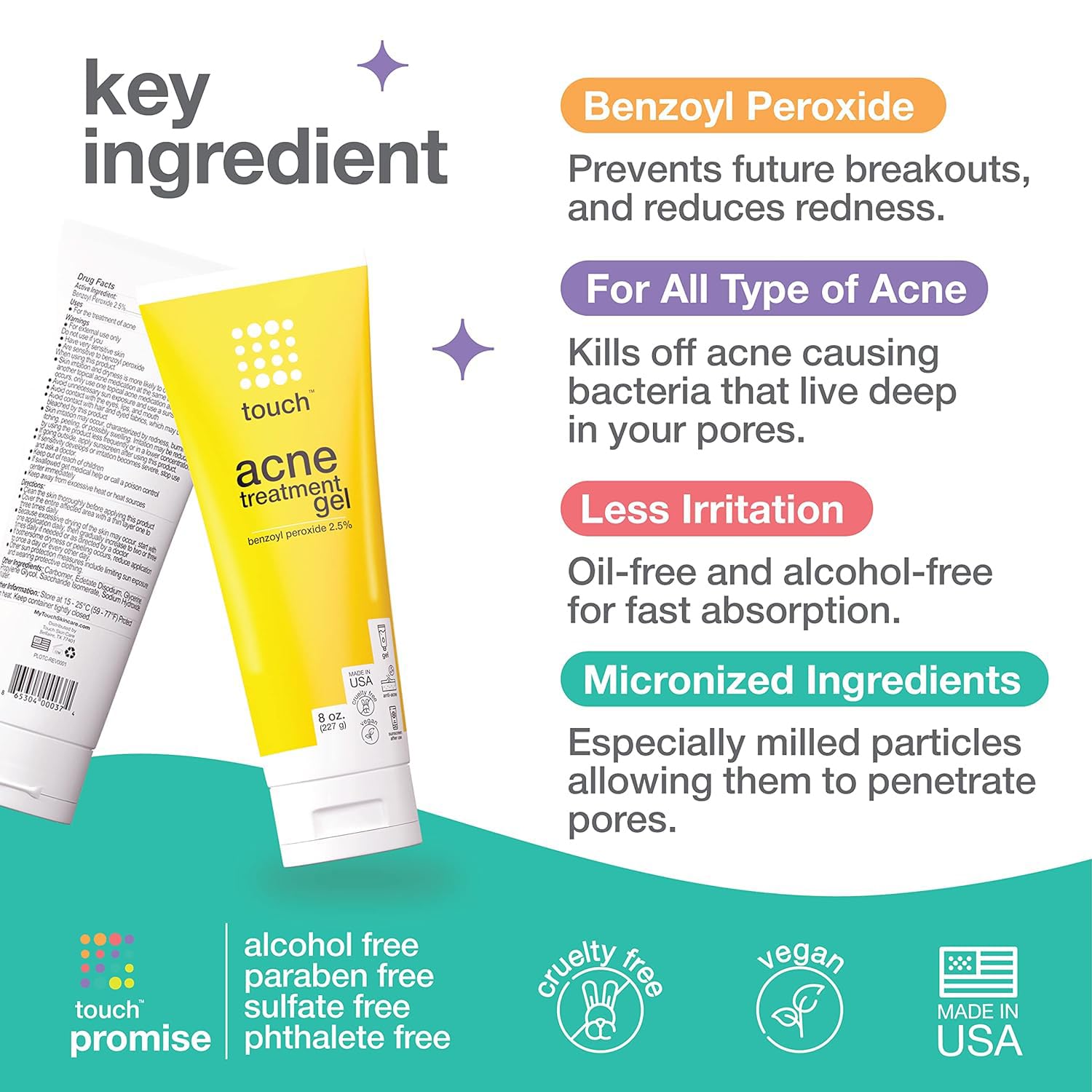 Touch Benzoyl Peroxide 2.5% gel on finger for spot treatment.