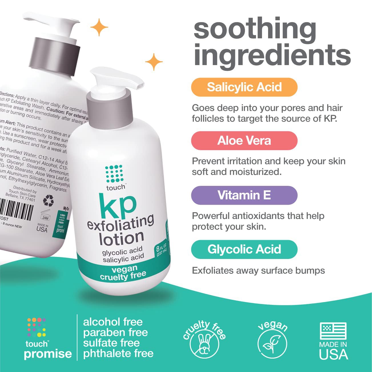 TOUCH Glycolic Acid Lotion texture close-up shows gentle exfoliation on skin.