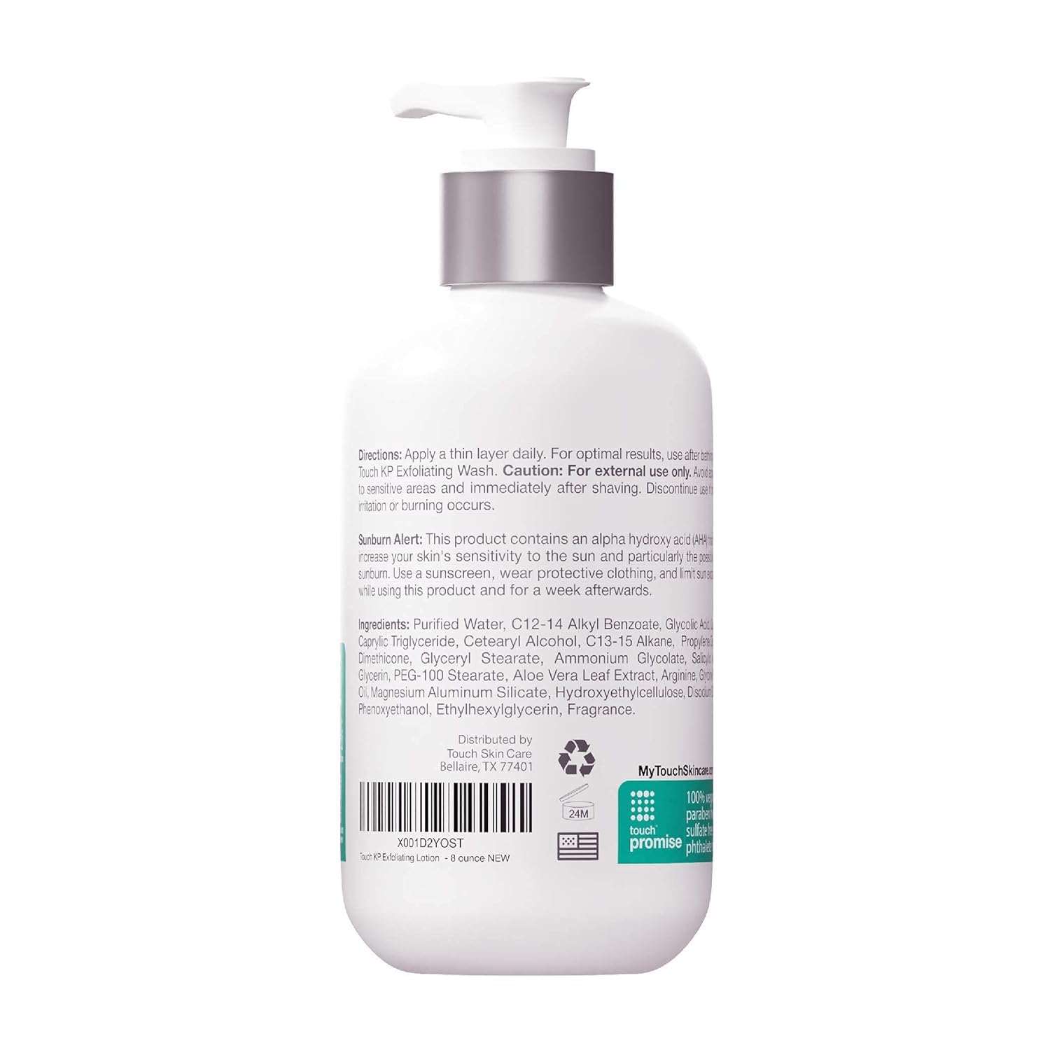 TOUCH KP lotion packaging photo on white background communicates product integrity.