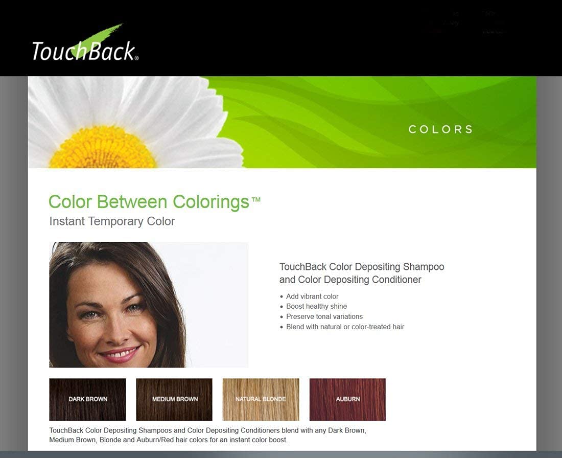 TouchBack Auburn color-depositing shampoo packaging box highlights convenient at-home use.