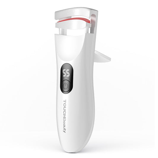 TOUCHBeauty heated eyelash curler front view with gentle silicone pad for comfortable curling