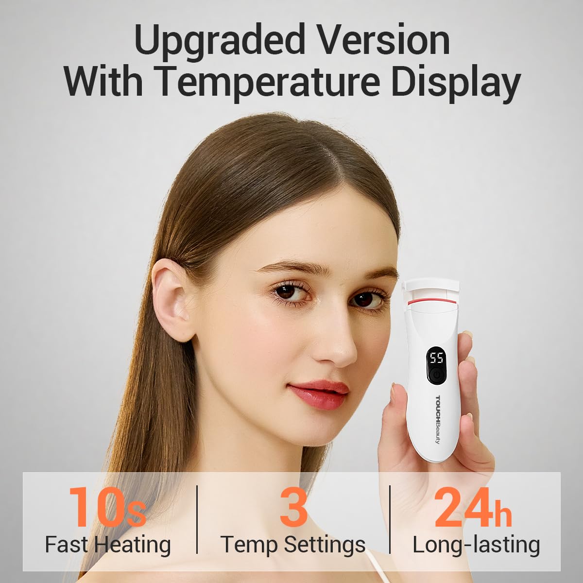 TOUCHBeauty heated eyelash curler side view showing compact travel-friendly design