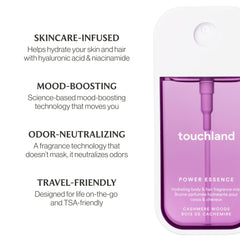 Touchland Cashmere Woods mist applying on body and hair for hydration