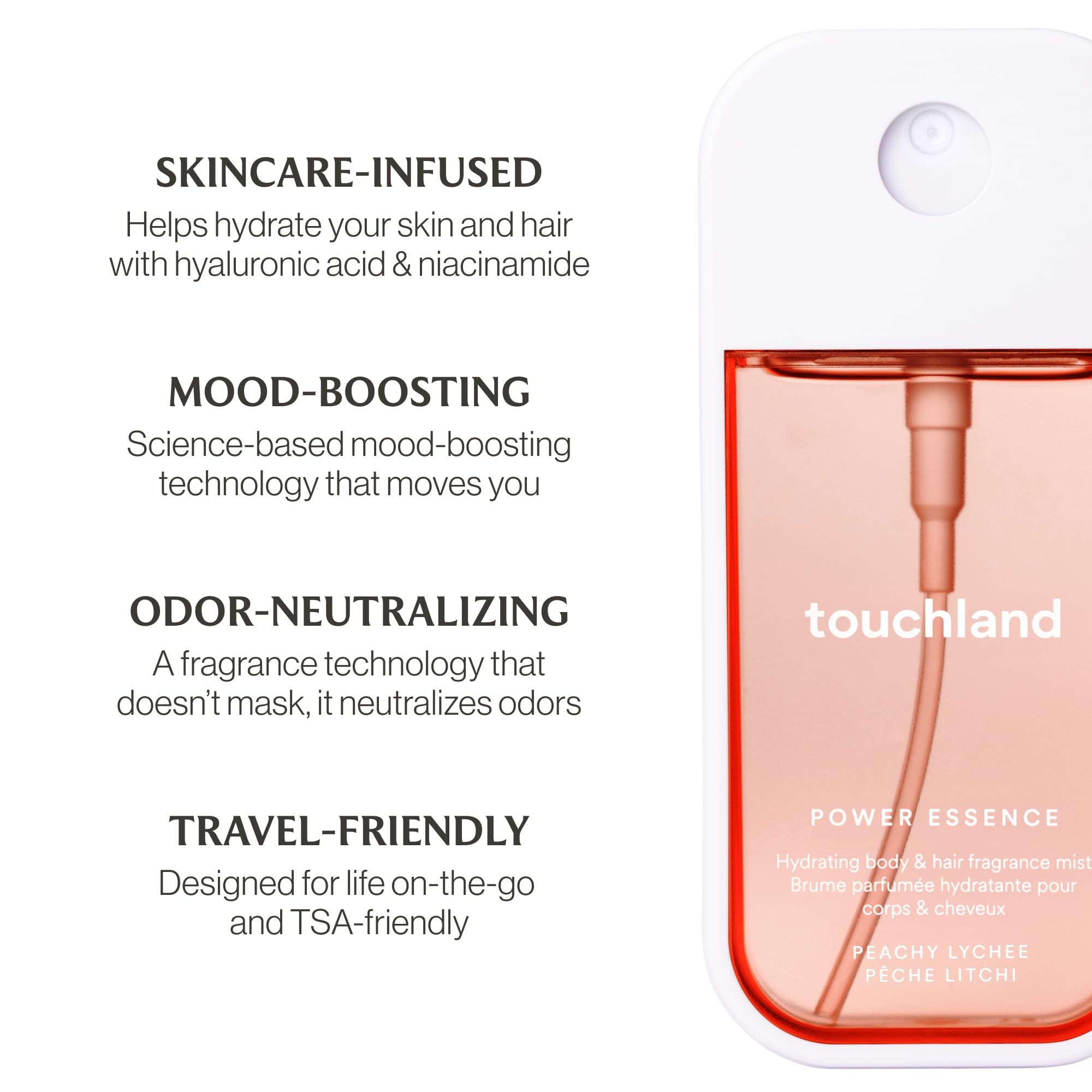 Touchland Peachy Lychee Mist ingredients graphic emphasizes hyaluronic acid and niacinamide