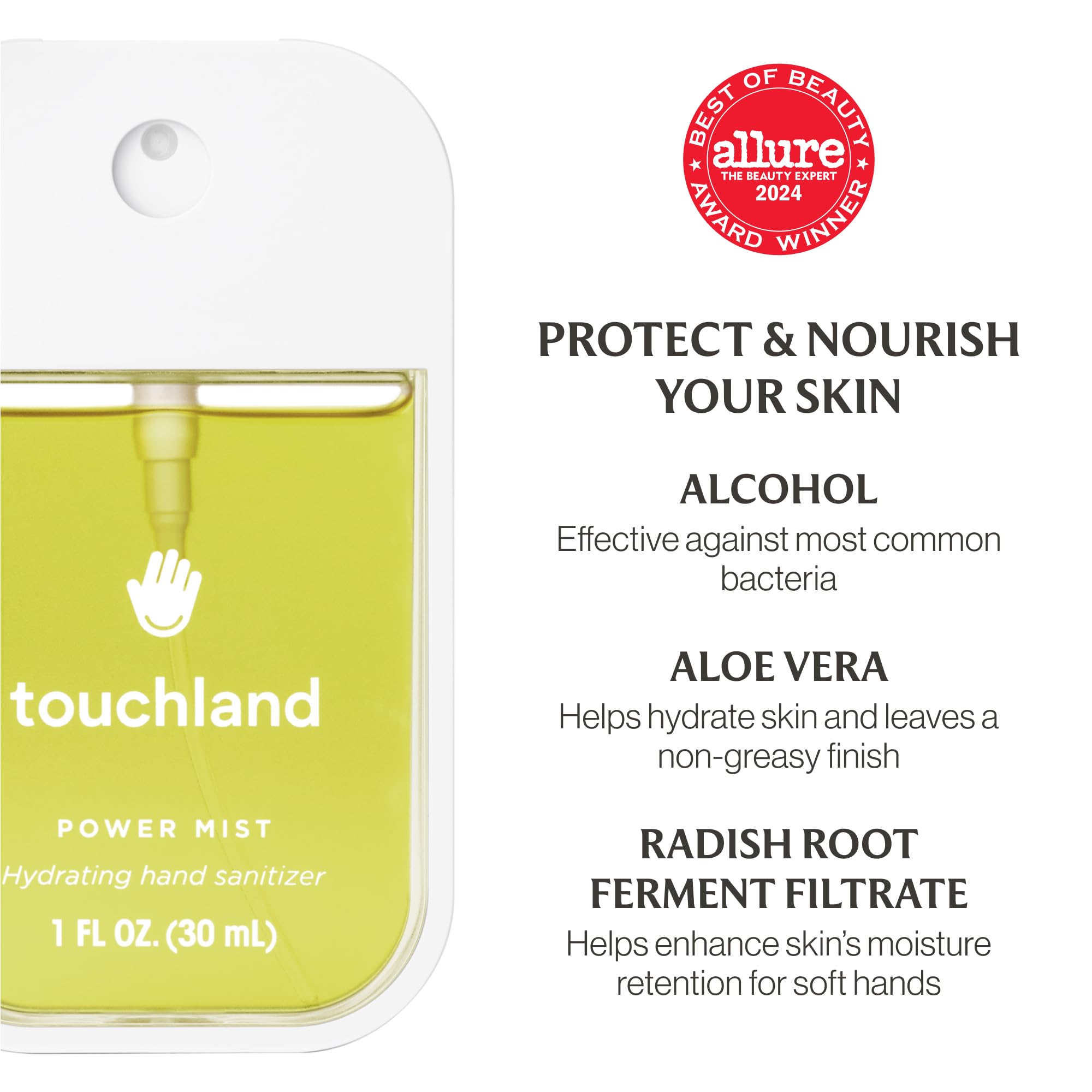 Touchland Vanilla Blossom Hand Sanitizer close-up, refreshing aroma with skin-softening feel.