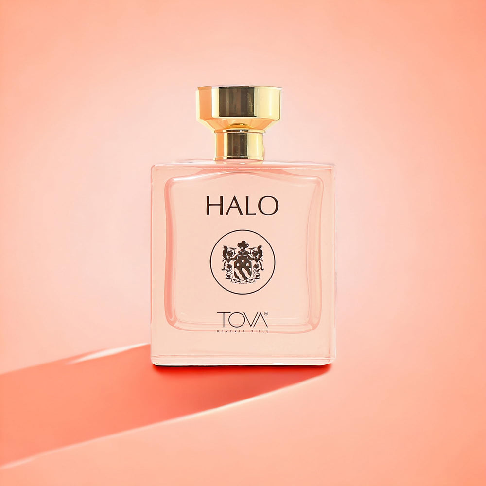 Tova Halo label detail emphasizes refined branding and scent storytelling.