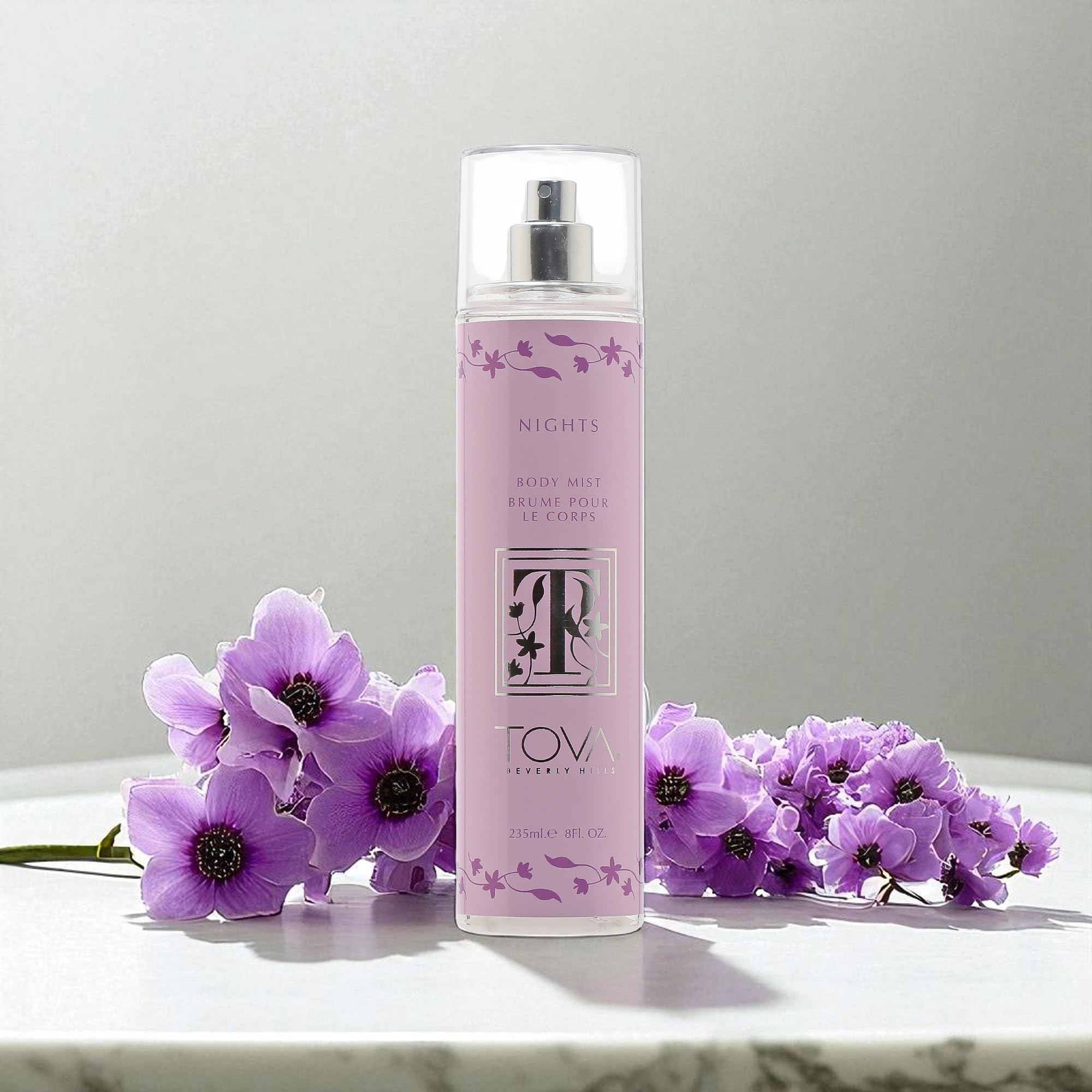 TOVA Nights bottle close-up label highlighting lilac, peonies, and spice notes.