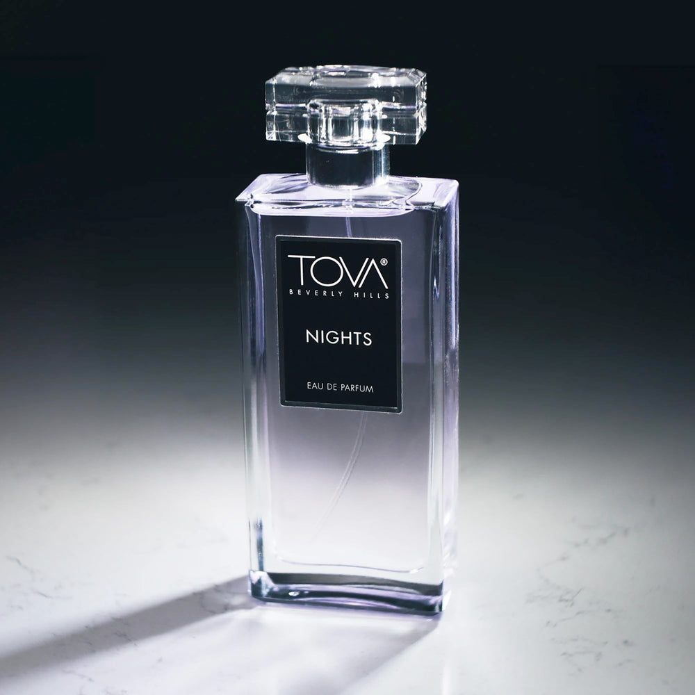 Tova Nights EDP bottle illuminated, evokes moonlit glamour for date nights.