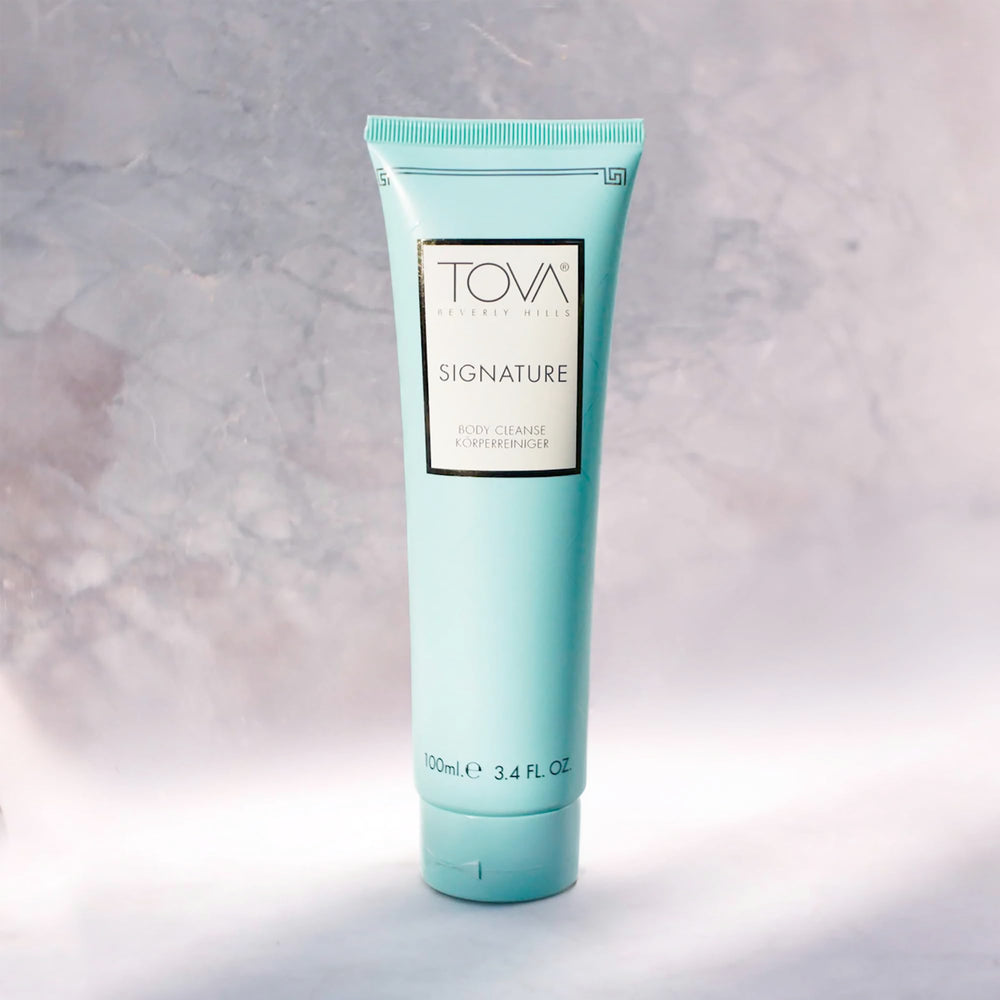 Pour shot of Tova Signature Body Cleanse highlighting easy dispensing and gentle cleanse