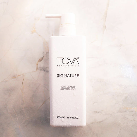 Tova Signature Body Cleanse lush lather demonstrates rich foam for moisturized skin.