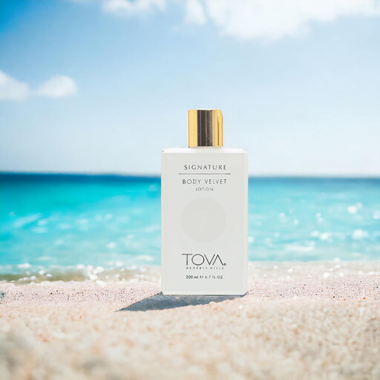 Tova Signature Body Velvet Lotion pump application highlights silky texture and even coverage for daily use.
