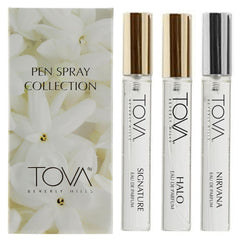 Tova Signature pen spray bottle close-up, crisp bergamot for on-the-go freshness.