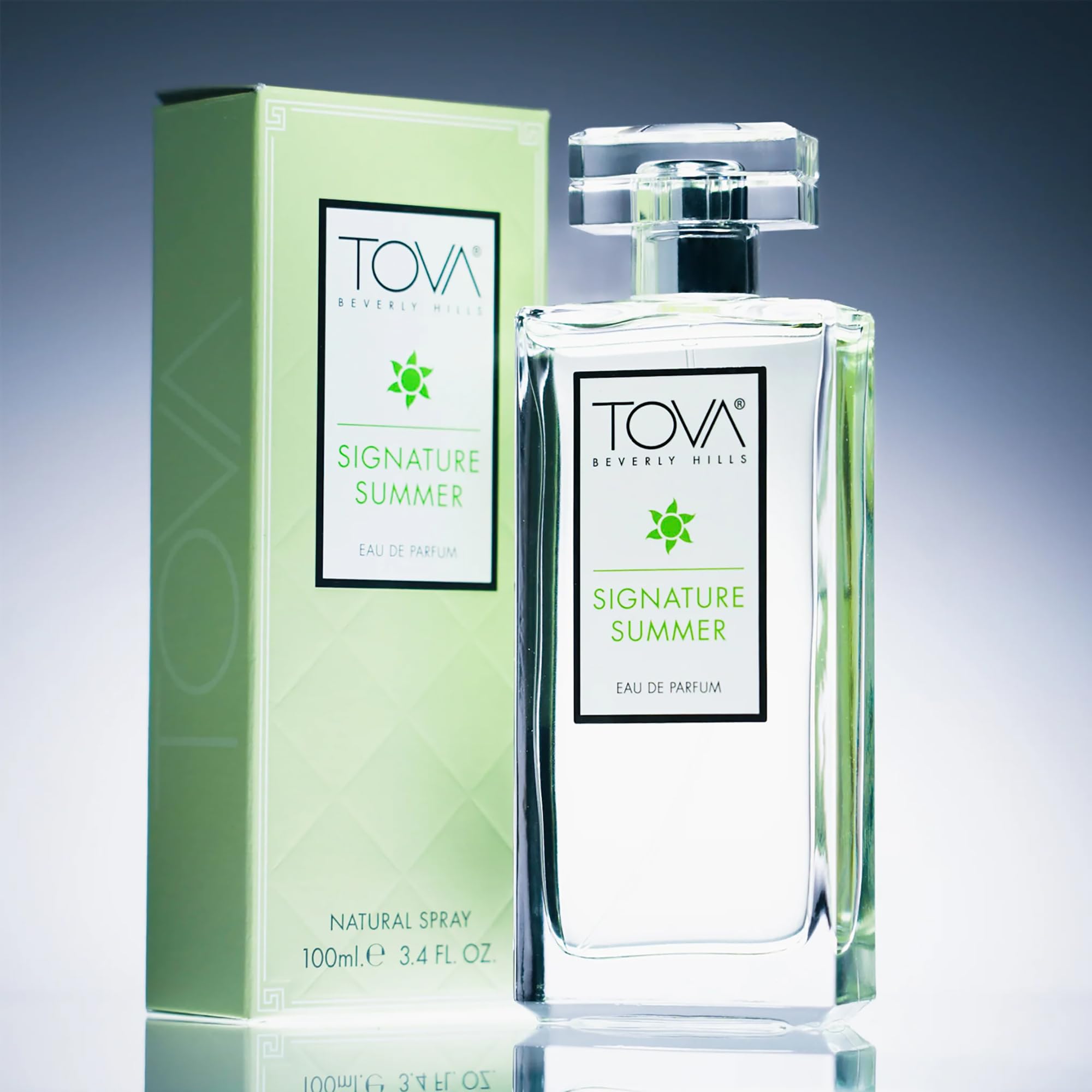 Tova Signature Summer 3.4 oz bottle on vanity highlighting bright citrus notes