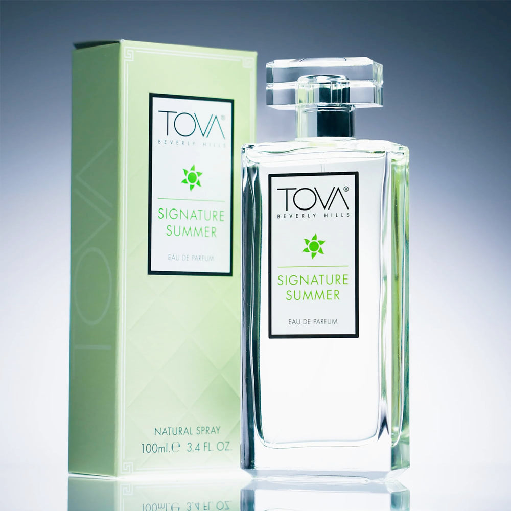 Tova Signature Summer 3.4 oz bottle on vanity highlighting bright citrus notes
