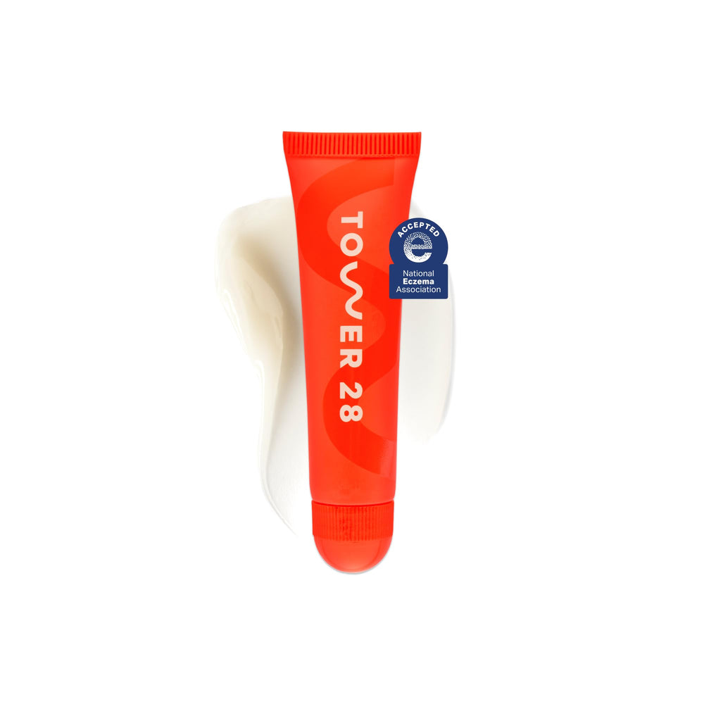 Tower 28 LipSoftie Vanilla glossy balm swatch for hydrated lips.