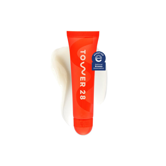 Tower 28 LipSoftie Vanilla glossy balm swatch for hydrated lips.