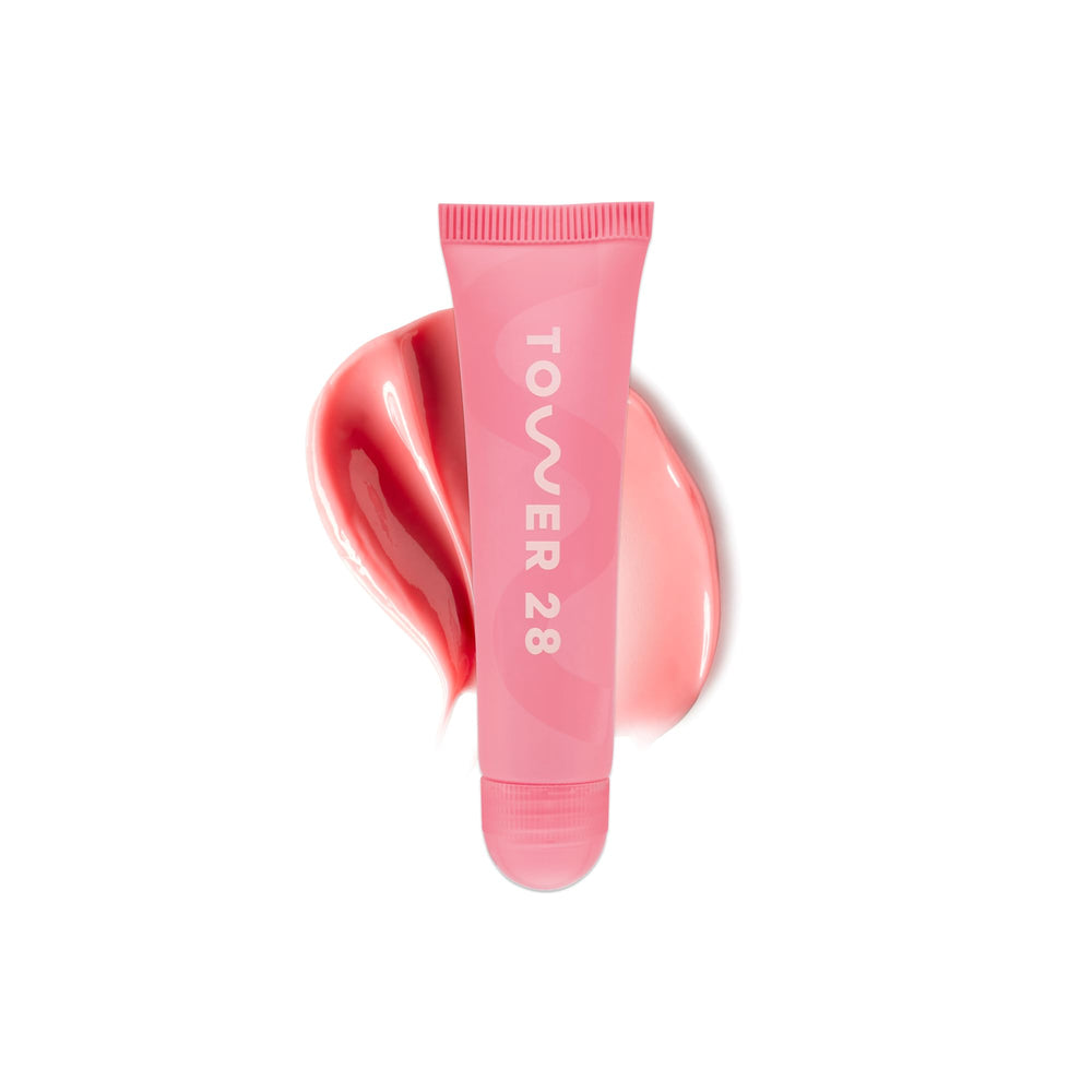 Tower 28 LipSoftie Watermelon Kiwi front view showing glossy hydration on lips.