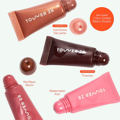 Tower 28 LipSoftie mini swatches show subtle color and shine options.