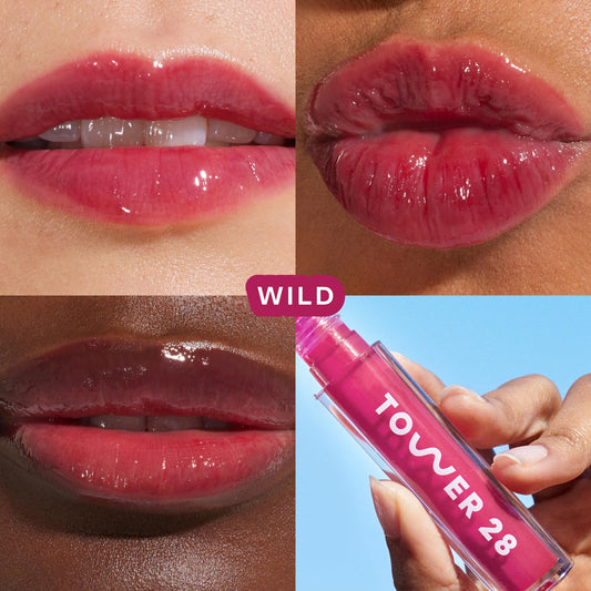 Tower 28 ShineOn Raspberry swatch adds juicy color with non-sticky shine