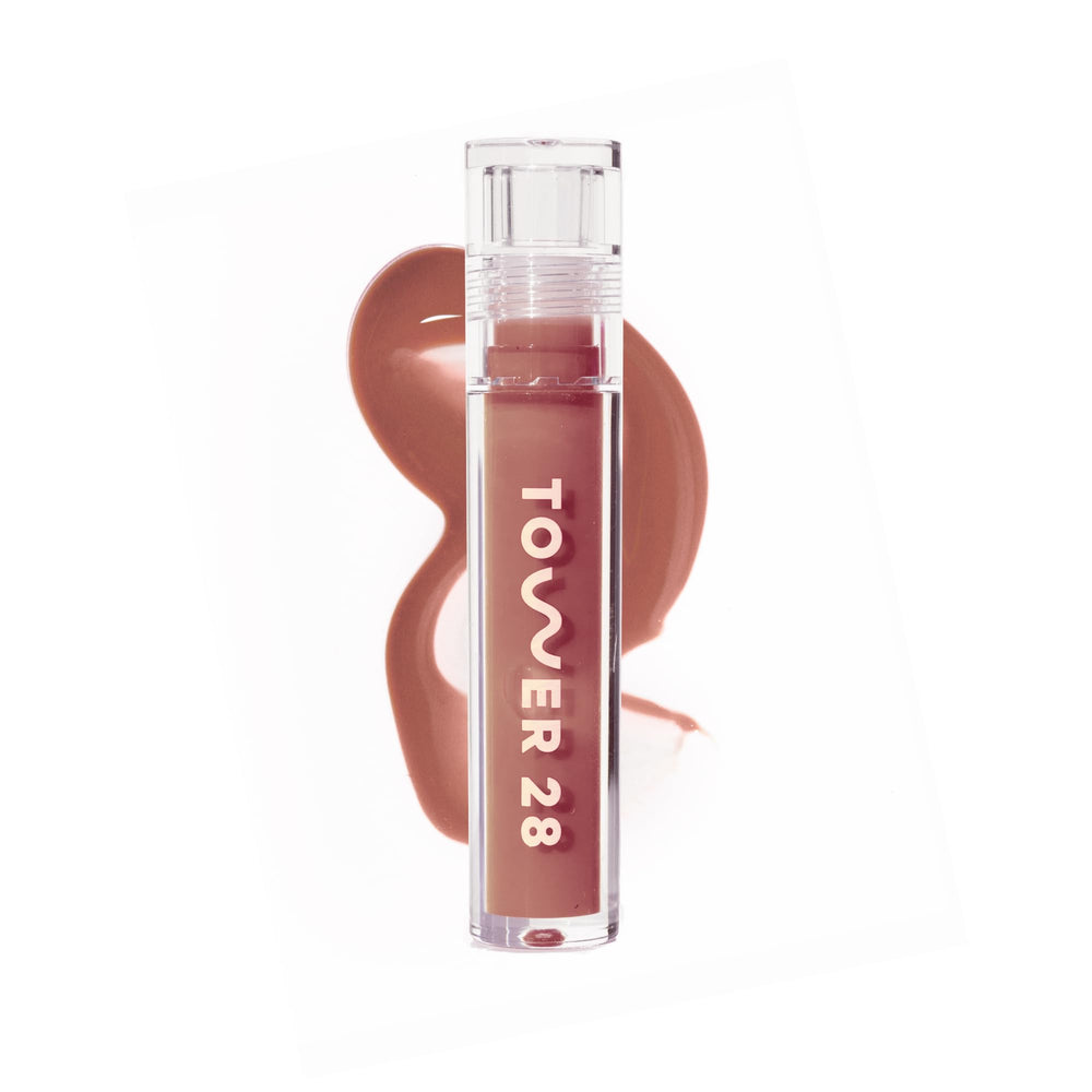 Tower 28 ShineOn Lip Jelly Rosy Brown jar with milky gloss shine