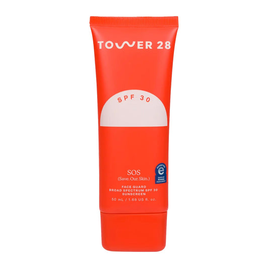 Tower 28 SOS FaceGuard bottle closeup, a lightweight mineral sunscreen for sensitive skin.