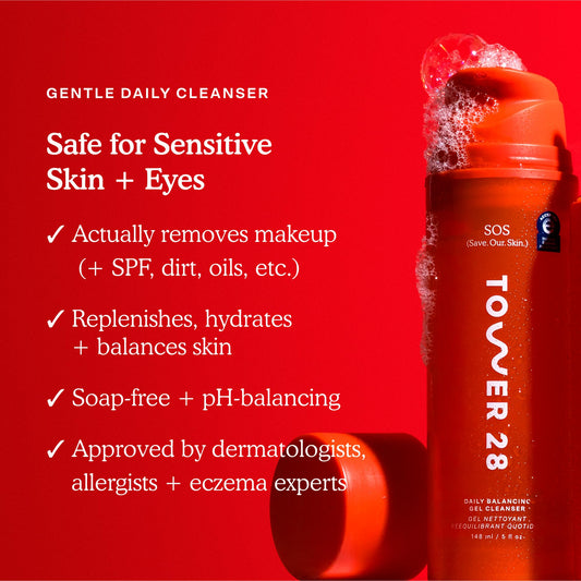 Tower 28 SOS Gel Cleanser label closeup highlights a clean, gentle formula for sensitive eyes.