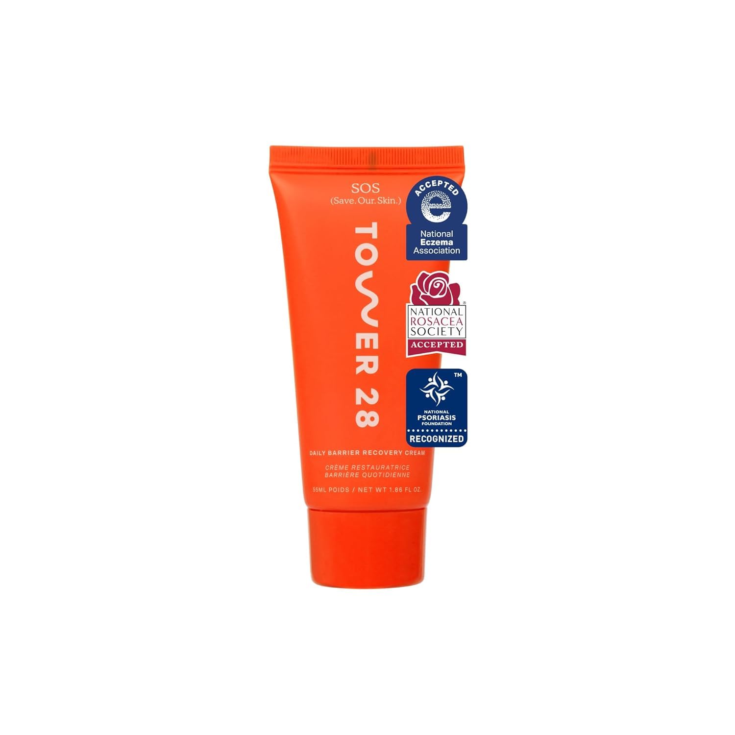 Tower 28 SOS Recovery Face Cream jar closeup shows soothing, creamy texture for sensitive skin