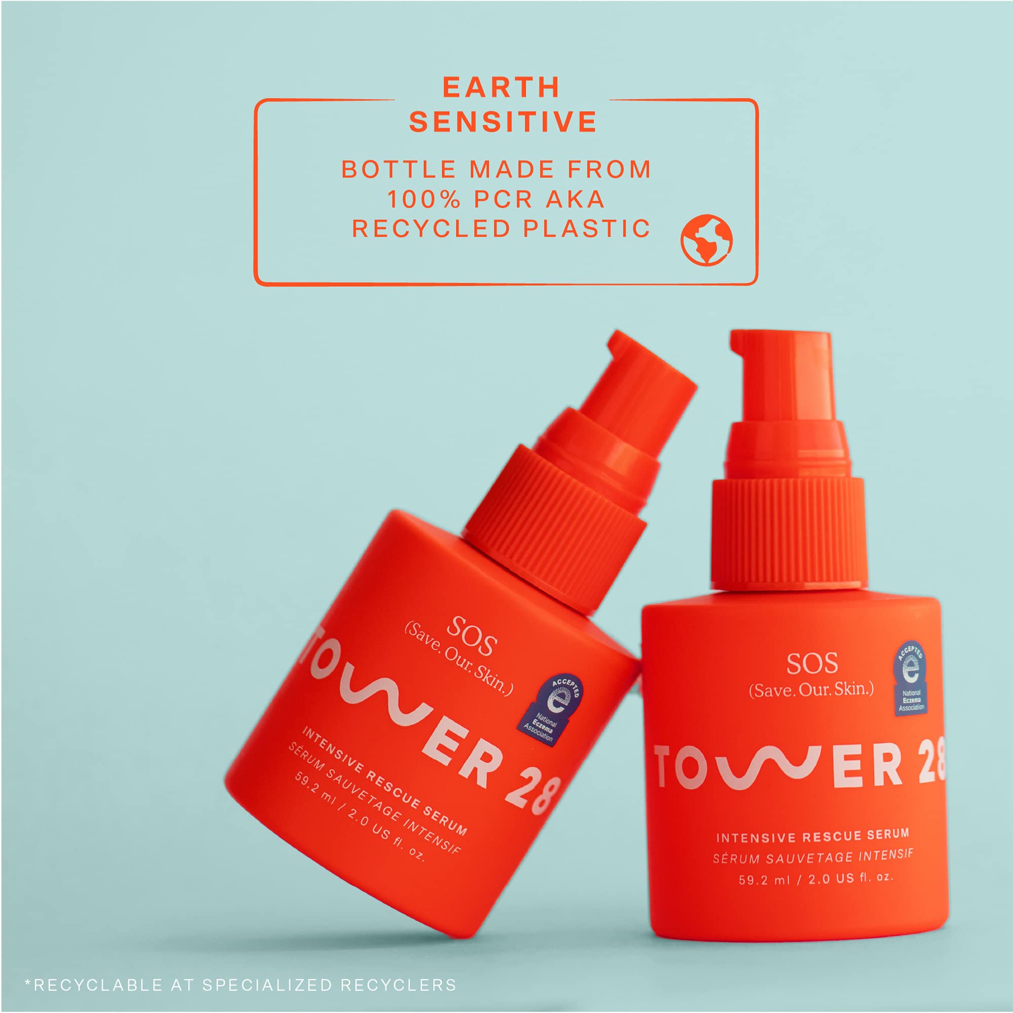Tower 28 SOS Rescue Serum on bathroom shelf signals daily use.