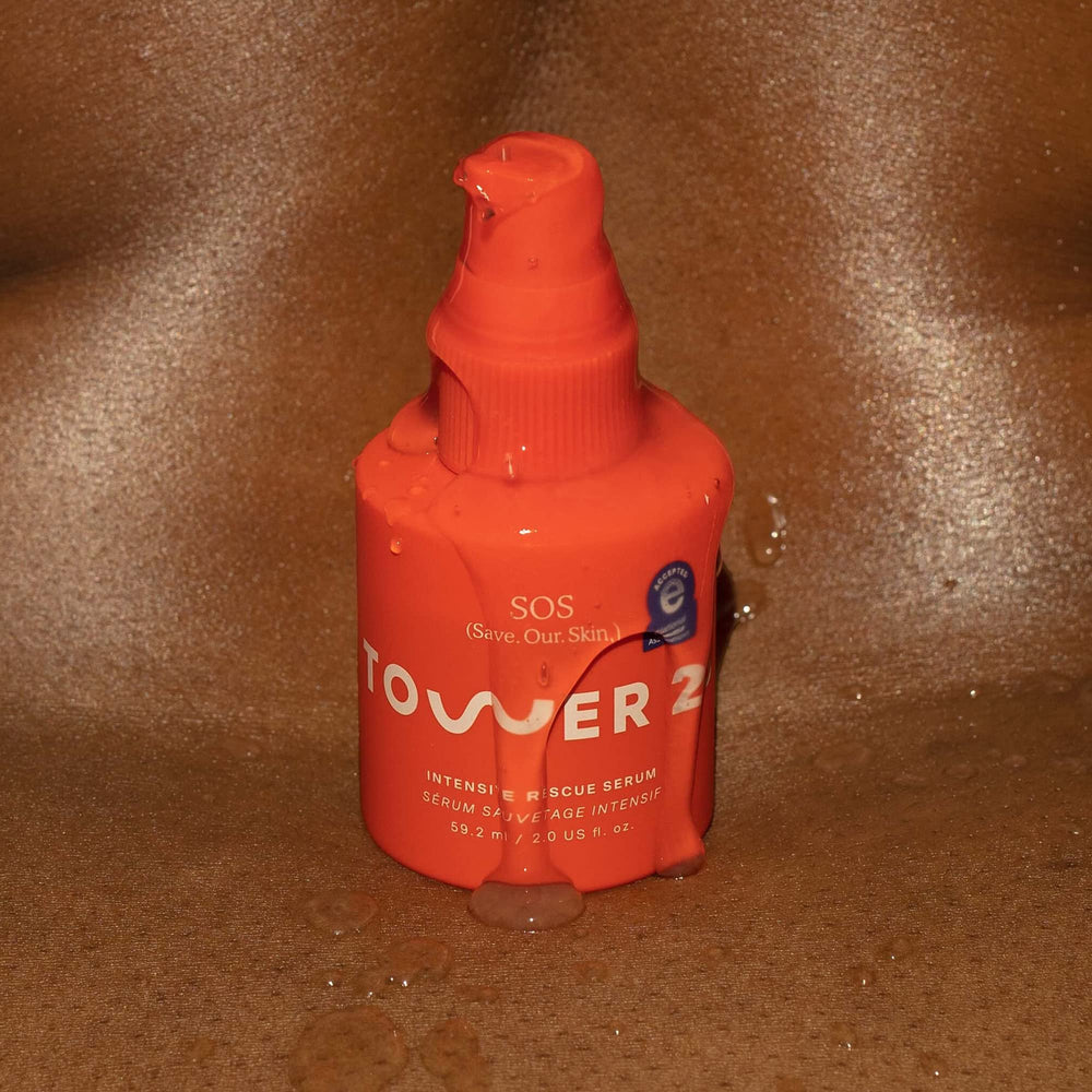 Tower 28 SOS Rescue Serum packaging emphasizes clean, safe skincare.