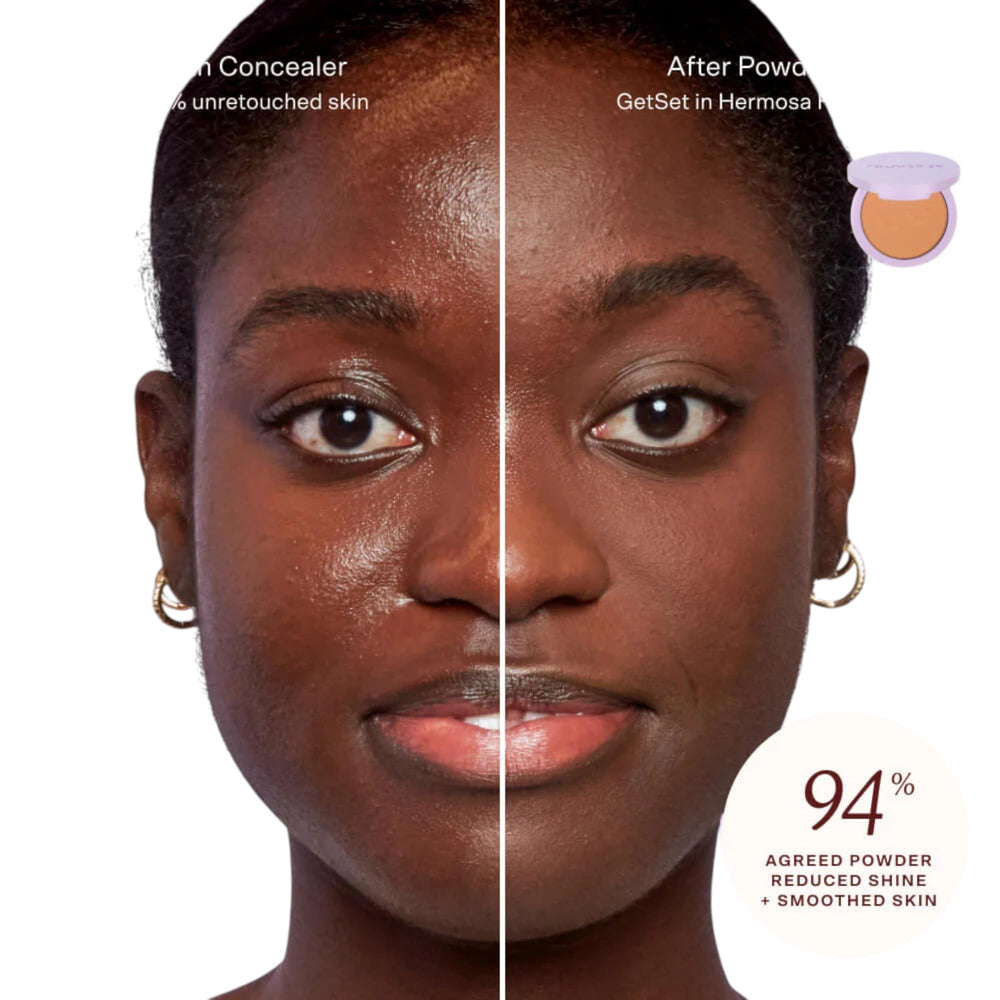 Tower28 GetSet pink setting powder on skin demonstrates silky texture and shine control.