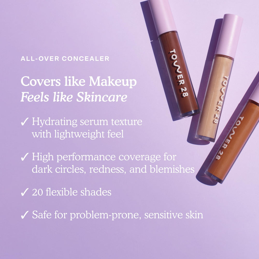 Tower 28 Swipe Serum Concealer under-eye brightening swatch for refreshed look.