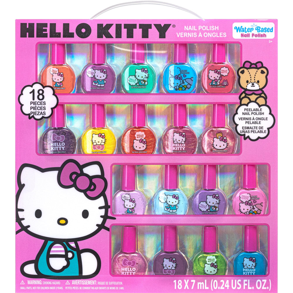 Townley Girl Hello Kitty nail polish set showcases 18 bottles for kid-friendly manicures.