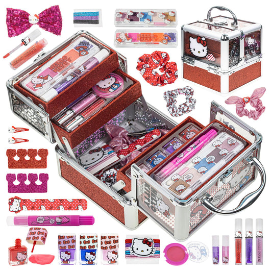 Townley Girl Hello Kitty train case closed showing kid-friendly makeup storage