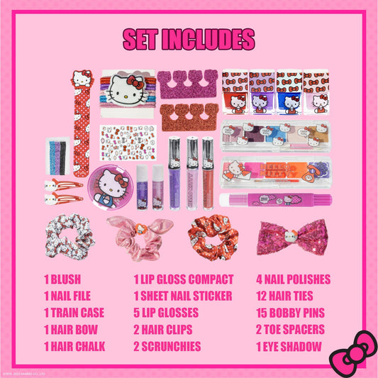 Townley Girl Hello Kitty train case open with colorful cosmetics for play