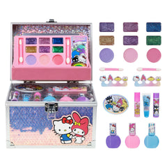 Townley Girl Hello Kitty train case closed for kid-friendly makeup storage.