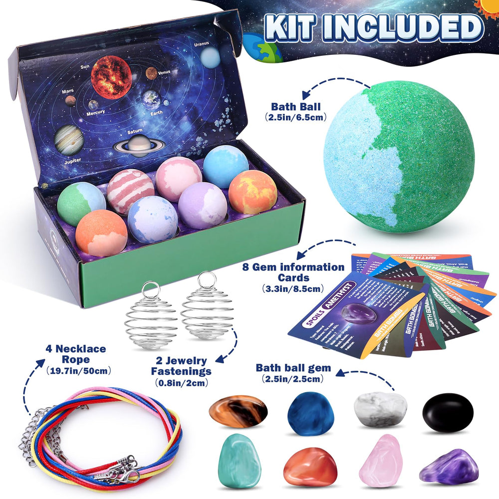 Toylink eight planets bath bombs reveal colorful water and hidden gemstones.